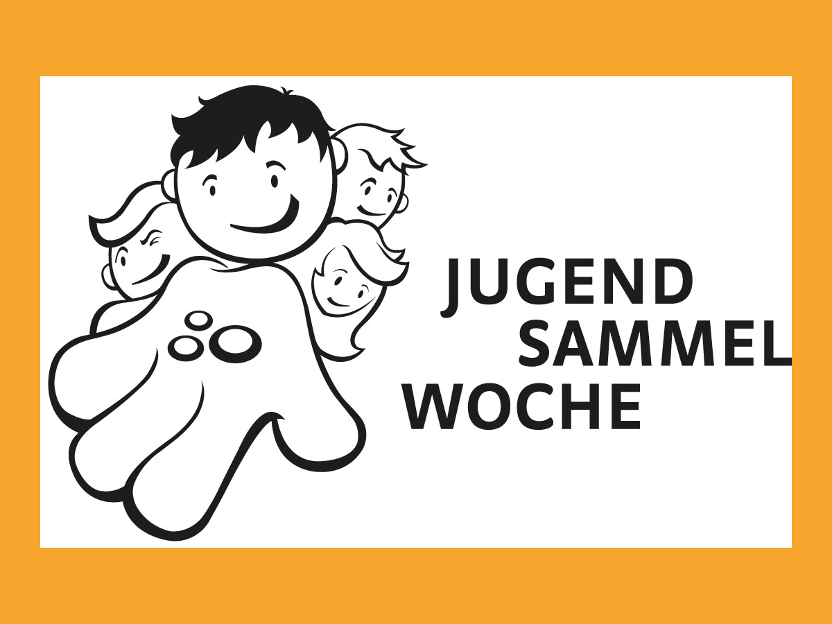 Das Logo der Jugendsammelwoche zeigt Kinder und eine Hand mit Münzen.